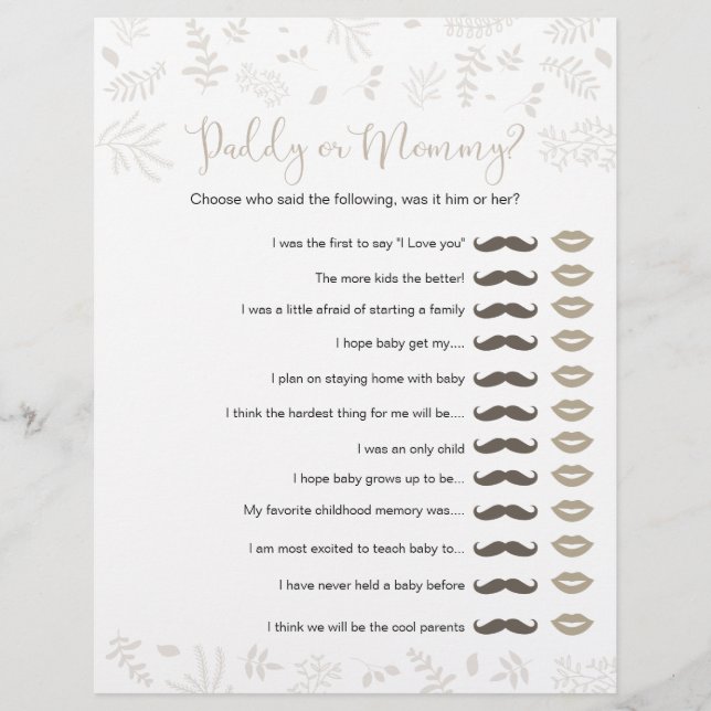 Daddy ou maman Forest Feuilles Baby shower Jeu (Devant)