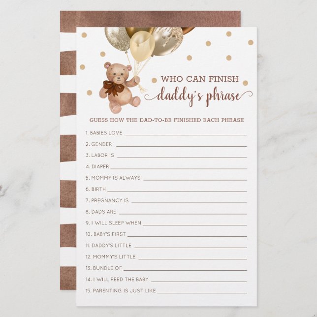 Daddy's Phrase Jeu Baby shower Teddy Bear (Devant / Derrière)
