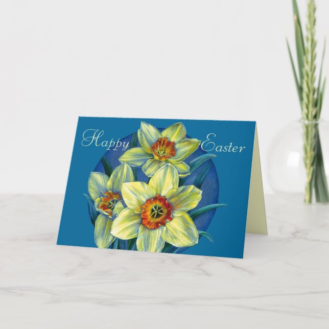Daffodiles "Bonne Pâques" Carte jaune et bleue (Devant)