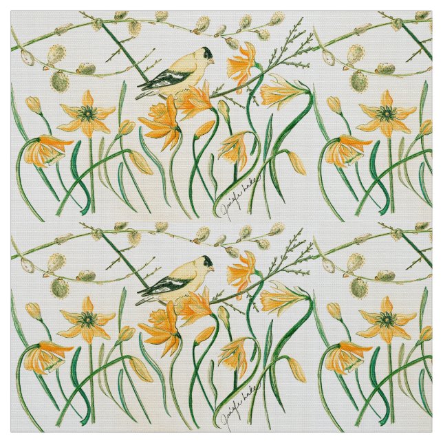 Daffodiles et Goldfinches Tissu (Échantillon)