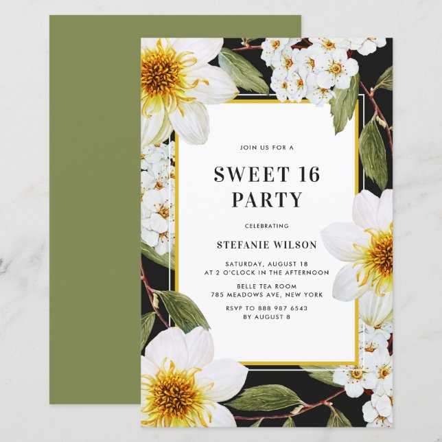 Dahlia et Spirea Botanical Sweet 16 Invitation (Devant / Derrière)