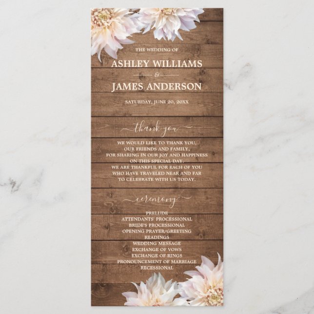 Dahlia Pink Floral Rustic Wood Wedding Programme (Devant)