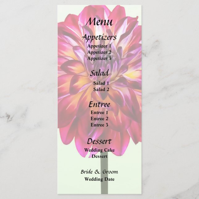 Dahlia Rouge Tinté Avec Menu Mariage Jaune (Devant)