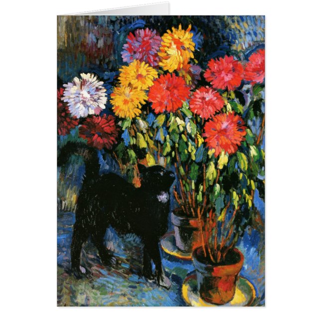 Dahlias et Chat noir, peinture d'art (Devant)