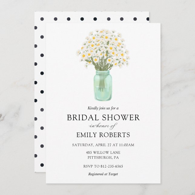 Daisées à Mason Jar invitation à la douche nuptial (Devant / Derrière)