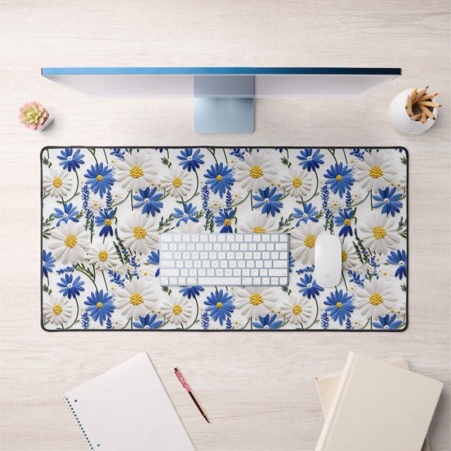 Daisy Blanche Embossée Avec Fleurs de Nigelle Bleu (Bureau 1)
