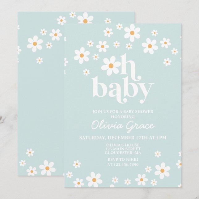 Daisy bleu clair Retro Baby shower Invitation (Devant / Derrière)