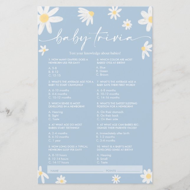 Daisy Blue Baby Trivia, Baby shower Game (Devant)