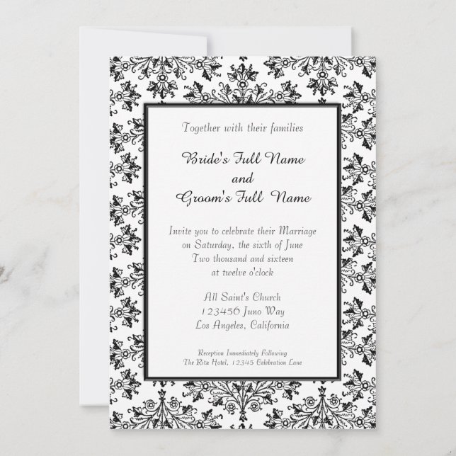 Daisy Damask Black White Custom Wedding Invitation (Dos)