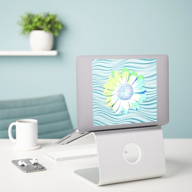 Daisy Flower Art en Bleu Grand Sticker (Ordinateur portable sur le bureau)