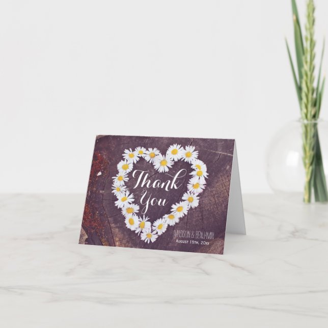 Daisy Heart Rustic Wood Mariage Carte de remerciem (Devant)