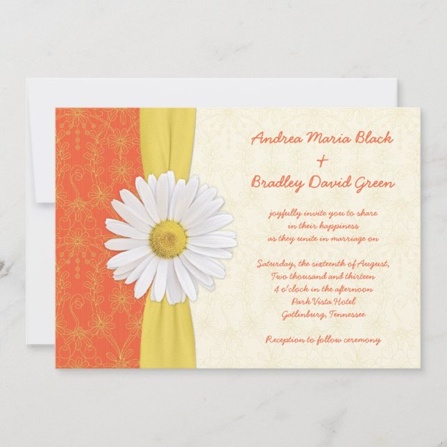 Daisy Orange, Jaune, Faire-part de mariage ivoire (Devant)