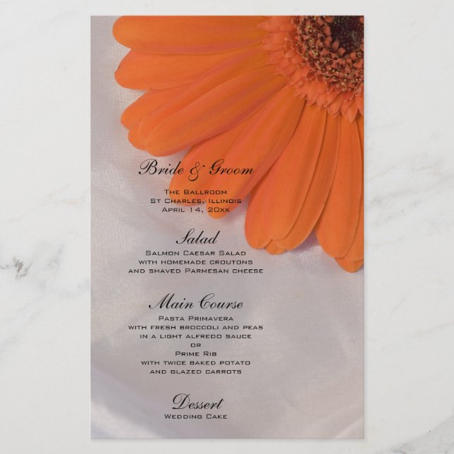 Daisy orange sur le menu Mariage satiné blanc (Devant)