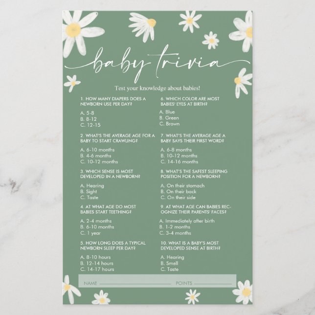 Daisy Sage Green Baby Trivia, Baby shower Jeu (Devant)