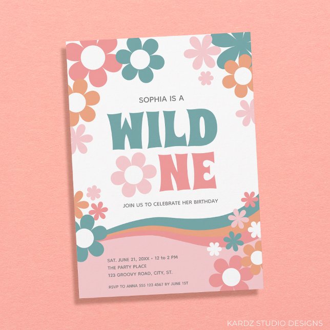 Daisy Wild One Girl 1er anniversaire Invitation (1st Birthday Party Girl, Wild One Theme, personalized invitation. Retro Daisies with trendy colors)
