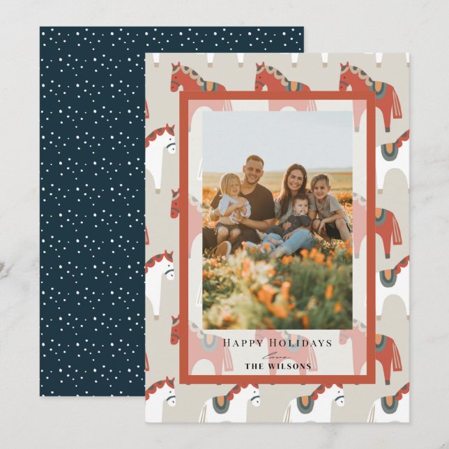 Dala Horse Motif Noël Carte photo de vacances (Devant / Derrière)