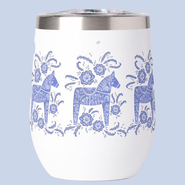 Dala suédois Cheval bleu et blanc (Blue and white Swedish Dala Horse thermal wine glass)