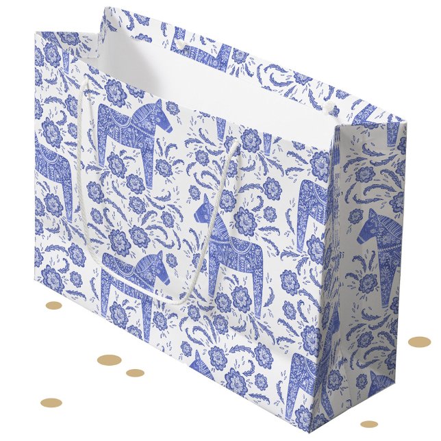 Dala suédois Cheval bleu et blanc Grand sac cadeau (Swedish Dala Horse blue and white gift bag)