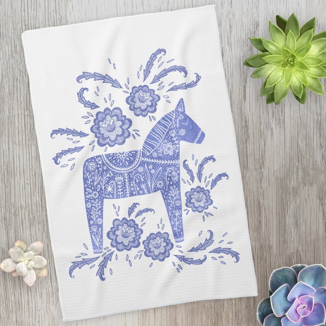 Dala suédois Cheval bleu et blanc serviette de cui (Blue and white Swedish Dala Horse folk art kitchen tea towel)