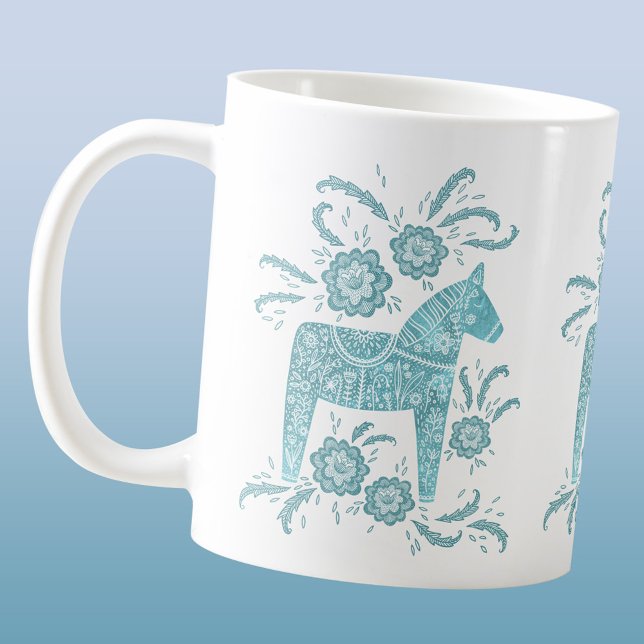 Dala suédois Cheval Turquoise Green Coffee Mug (Swedish Dala Horse folk art coffee mug)