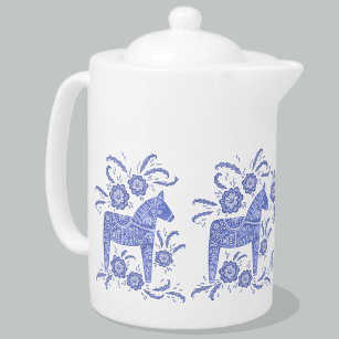 Dala suédoise Horse Indigo Blue and White Teapot