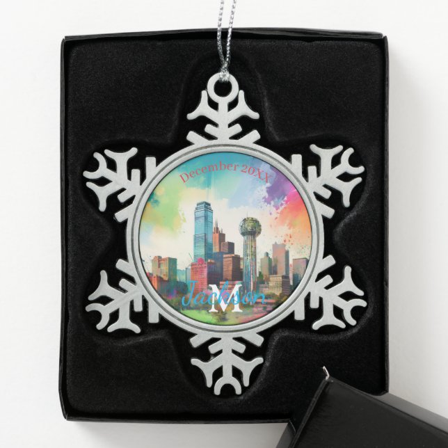 Dallas Skyline Snowflake Pewter Noël ornement (Boîte)