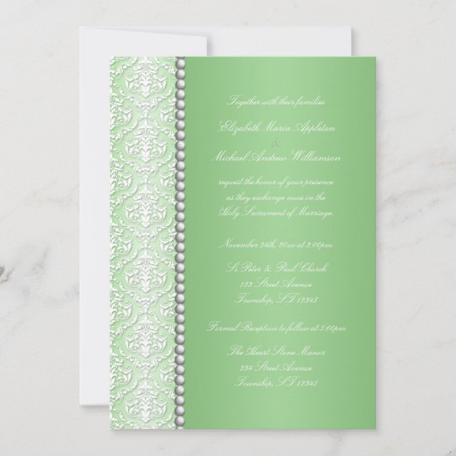 Damas blanc & perle Green Wedding Invitations (Devant)