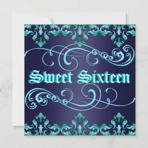 Damas bleu foncé Imprimer Sweet 16 Invitation d'an