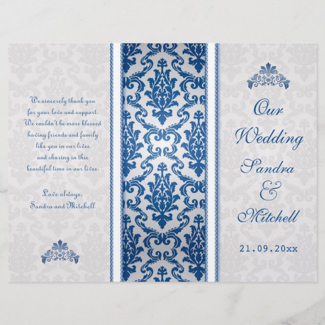 Damas bleu foncé sur le programme de mariage argen (Devant)