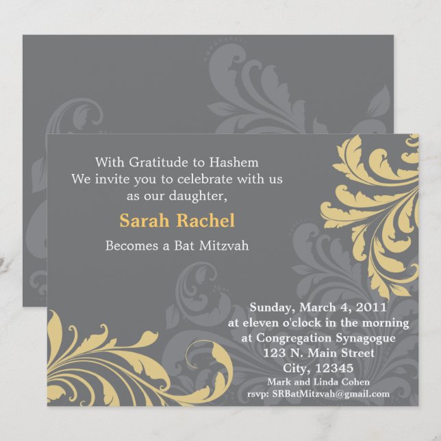 Damas en métal gris - Invitation jaune (Devant / Derrière)