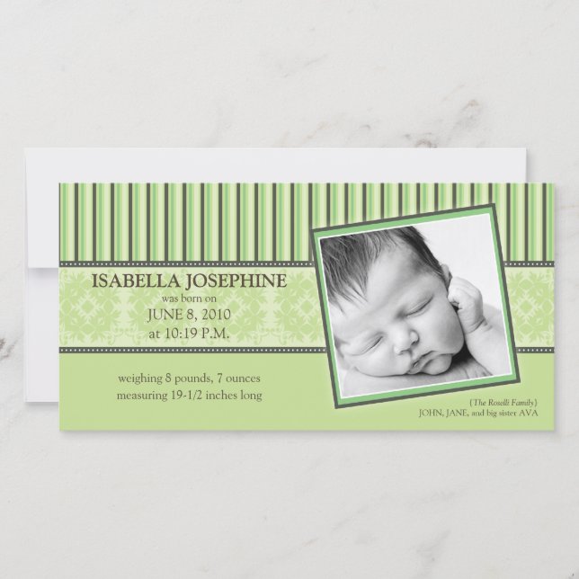 Damas et rayures Lime Faire-part de naissance vert (Devant)