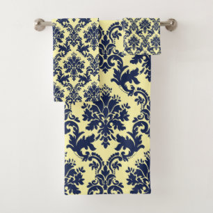 Damas florales vintages bleu marine sur jaune clai