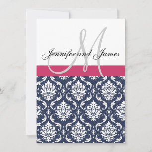 Damas Monogramme Bleu rose Faire-part de mariage b