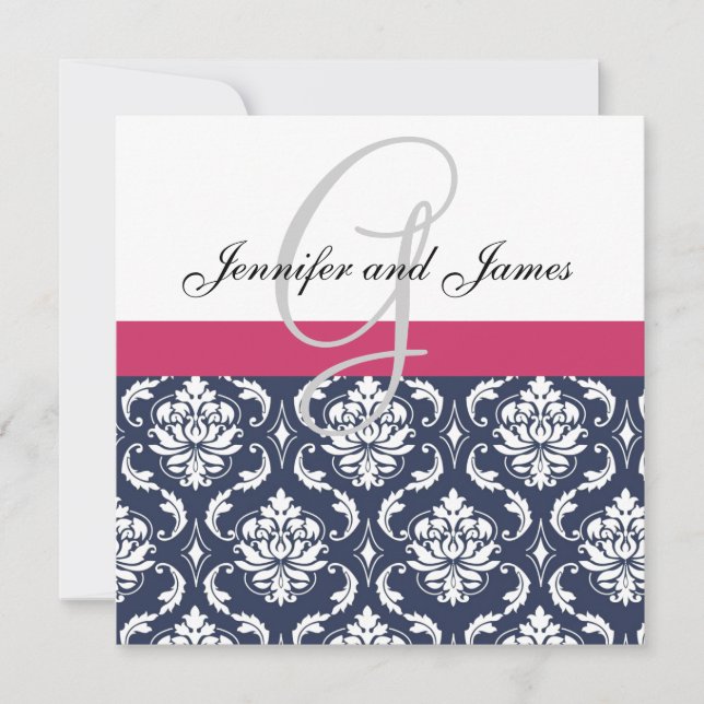 Damas Monogramme bleu rose Faire-part de mariage b (Devant)