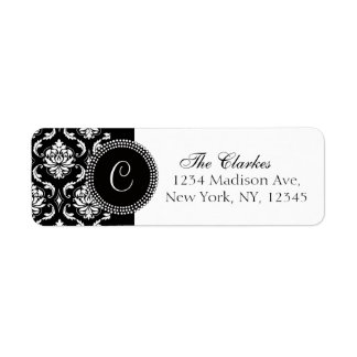 Damas Monogramme Étiquette de adresse noir blanc