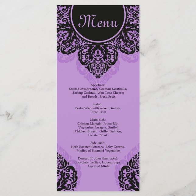 Damas noir sur lilas violet Menu Carte Rack (Devant)