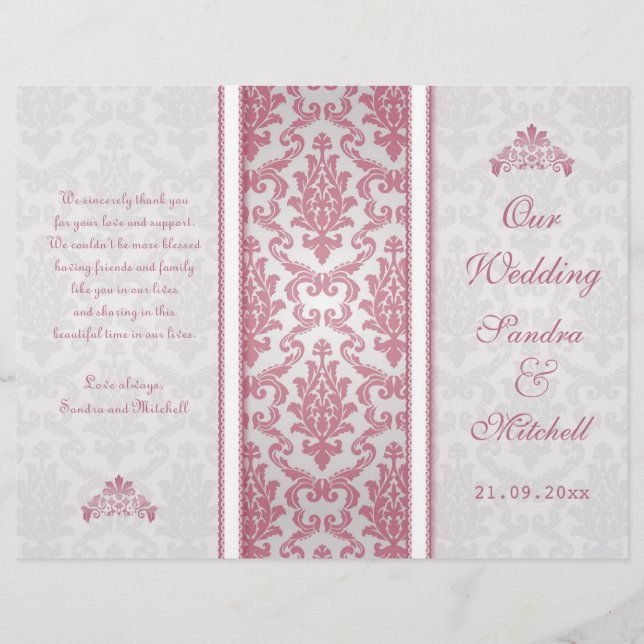 Damas rose sur le programme de mariage argent (Devant)