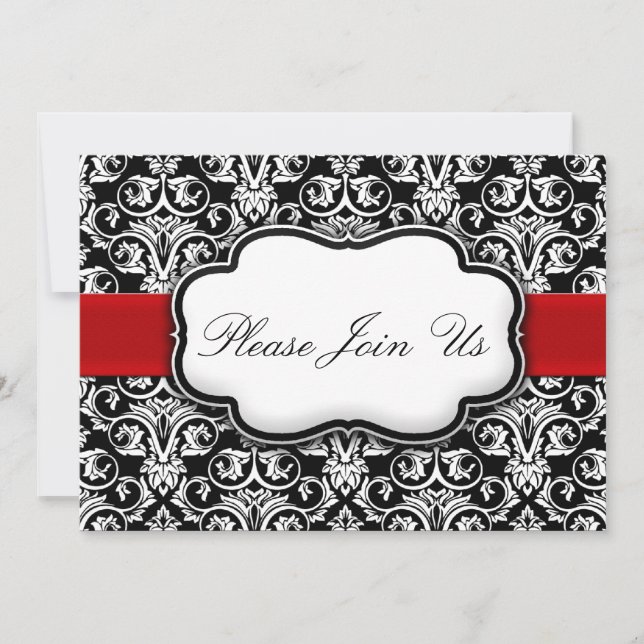 Damask Black/White/Red Holiday Party Invitations (Devant)