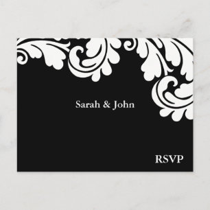 Damask Black & White Wedding Carte postale RSVP 3