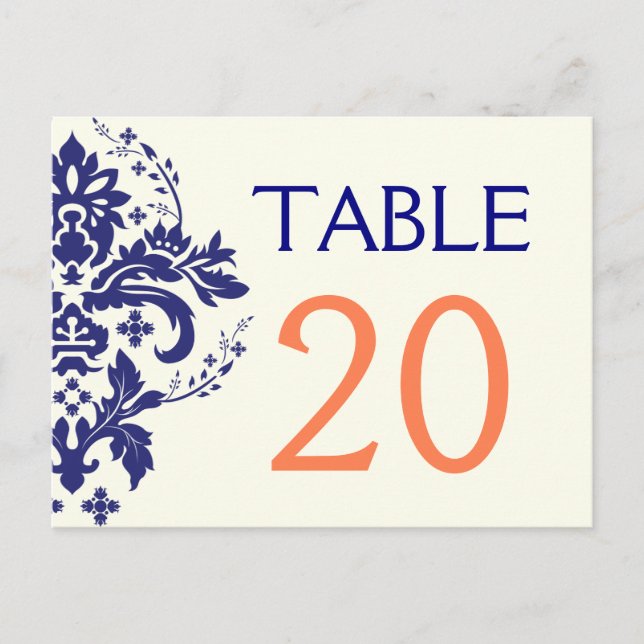 Damask bleu marine, corail mariage numéro de table (Devant)