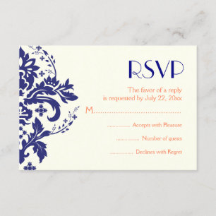 Damask bleu marine, mariage de corail RSVP carte d