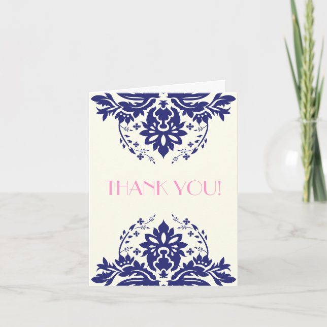 Damask bleu marine, mariage rose Merci (Devant)