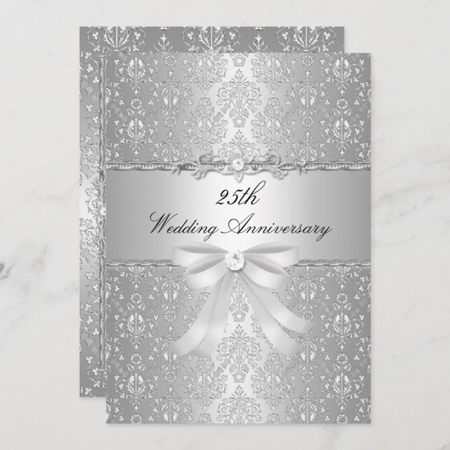 Damask Bow 25e Mariage Invitation (Devant / Derrière)