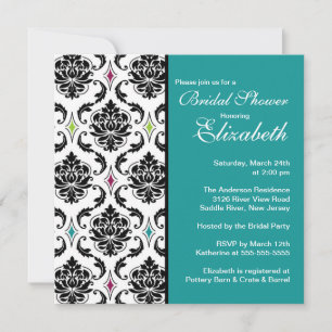 Damask Bridal Shower Invitation Black & Turquoise
