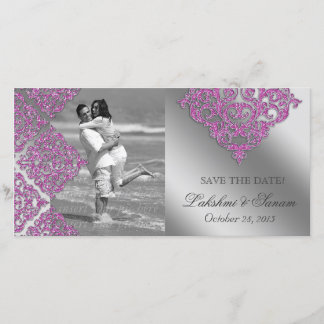 Damask Carte photo Enregistrer la date Sparkle ros