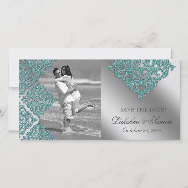 Damask Carte photo Enregistrer la date Sparkle Tur (Devant)