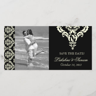 Damask Carte photo Save the Date Cream Black