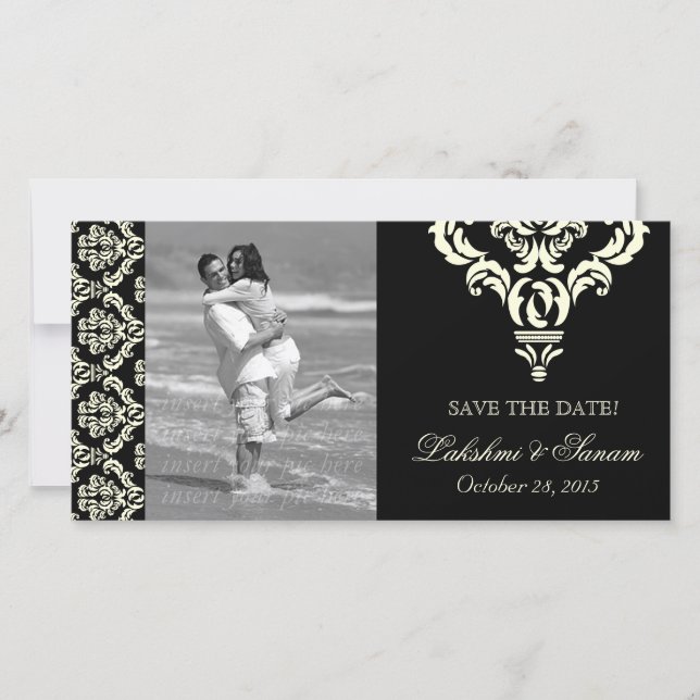 Damask Carte photo Save the Date Cream Black (Devant)
