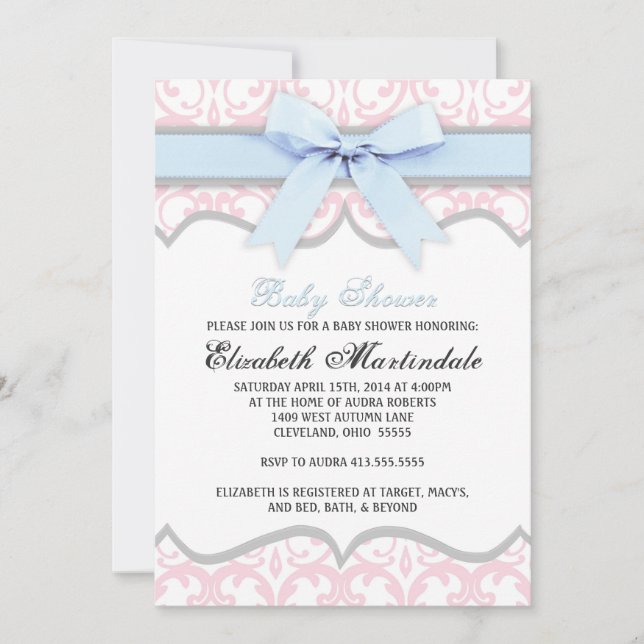 Damask Coeur bleu rose Baby shower Invitation (Devant)