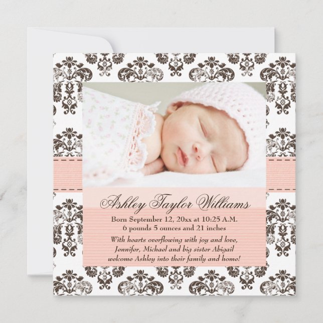 Damask Faire-part de naissance rose et Brown (Devant)